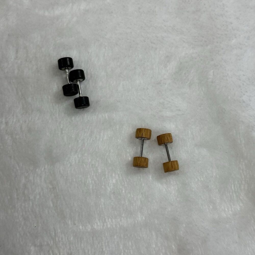 Barbell Stud Earrings Lot Wood & Black Dumbbell Style Unisex Minimalist‎ Gauges - Picture 4 of 4